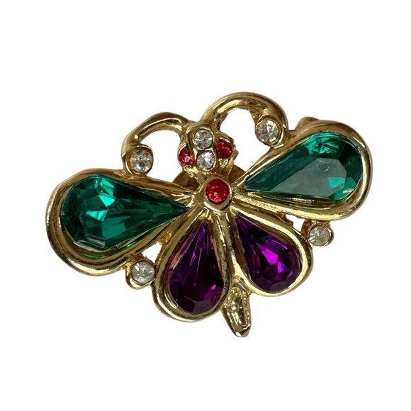 80s Beautiful Jewel Multi Color Stones Butterfly Brooch Pin Gold Tone - Picture 1 of 6